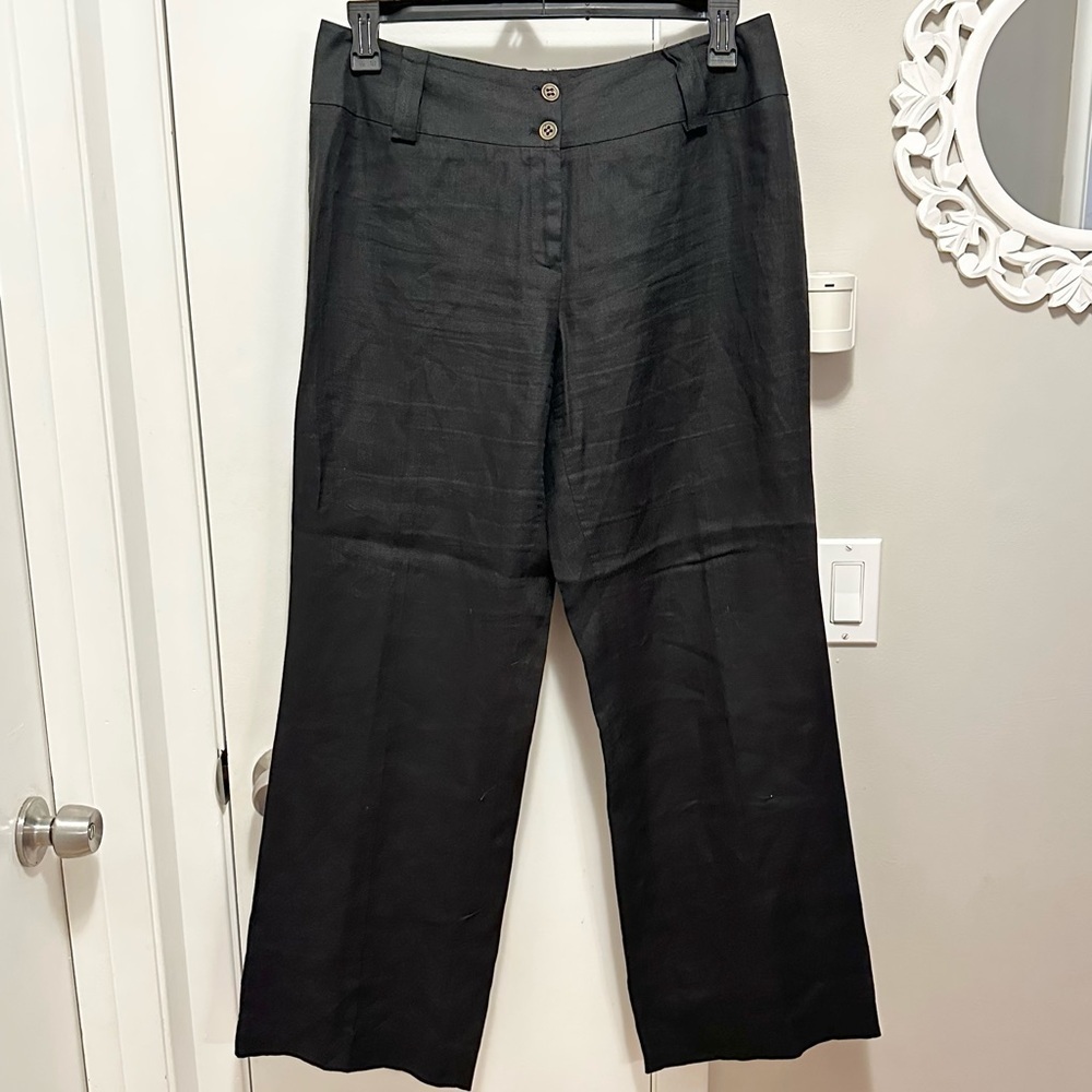 For Cynthia Black Linen Pants Womens L Wide Leg Beachy Trousers Light Airy